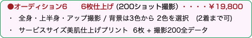  ●オーディション6 　6枚仕上げ (200ショット撮影）・・・・￥19,800 ・ 全身・上半身・アップ撮影 / 背景は3色から 2色を選択　(2着まで可) ・ サービスサイズ美肌仕上げプリント 6枚 + 撮影200全データ
