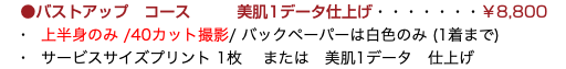  ●バストアップ　コース 美肌1データ仕上げ・・・・・・・￥8,800 ・ 上半身のみ /40カット撮影/ バックペーパーは白色のみ (1着まで) ・ サービスサイズプリント 1枚 または　美肌1データ　仕上げ